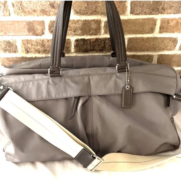 COACH Gray Nylon & Leather Trim Weekender Travel Duffel Bag Pockets #K0893-77088 - Picture 1 of 13